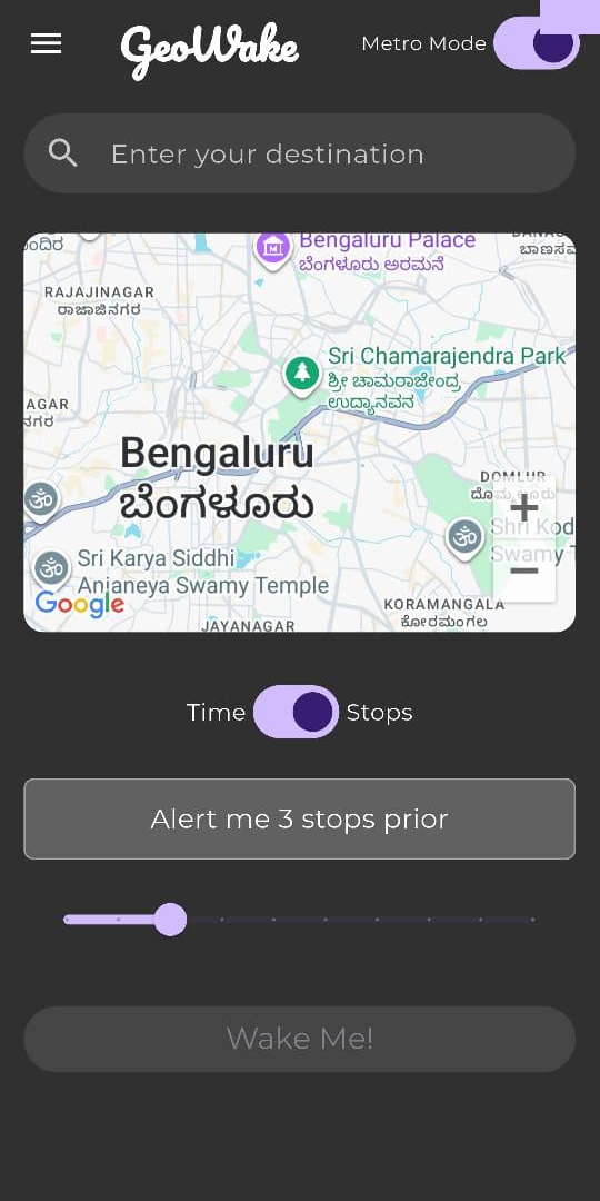 GeoWake home screen with Metro Mode switched on: the toggle now reads Time / Stops and the slider reads Alert me 3 stops prior.