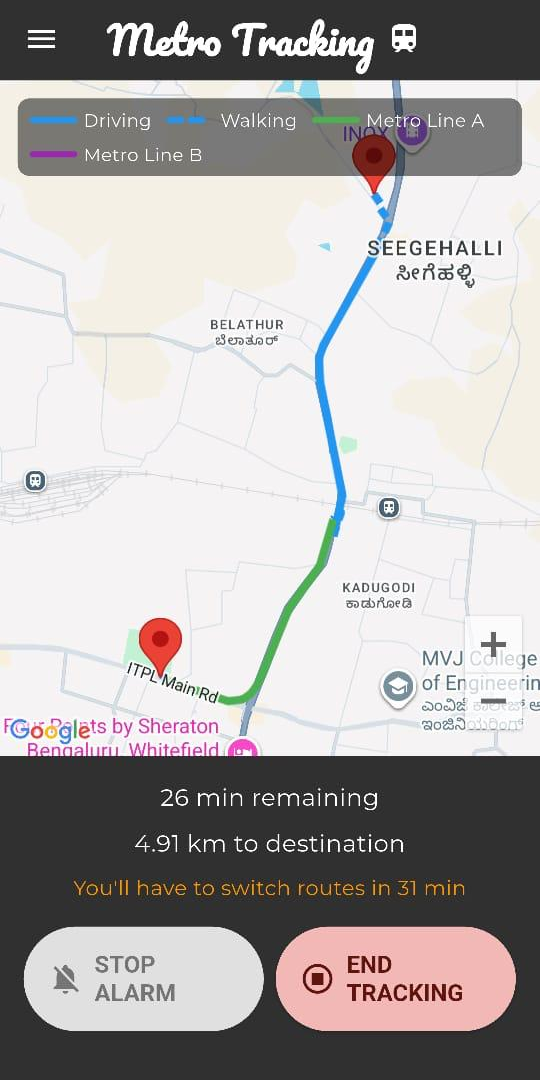 GeoWake tracking a live journey: a map with the walking, driving and metro legs drawn in, reading 26 minutes remaining, 4.91 km to destination, and a notice that you'll have to switch routes in 31 minutes.