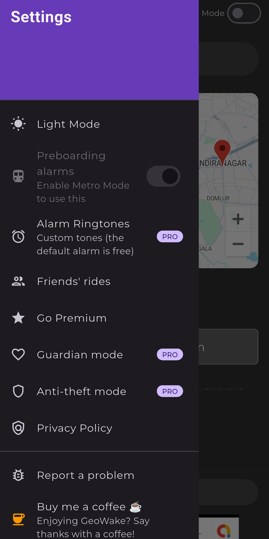 GeoWake's settings drawer listing Dark Mode, Preboarding alarms, Alarm Ringtones, Friends' rides, Go Premium, Guardian mode, Anti-theft mode and Privacy Policy.