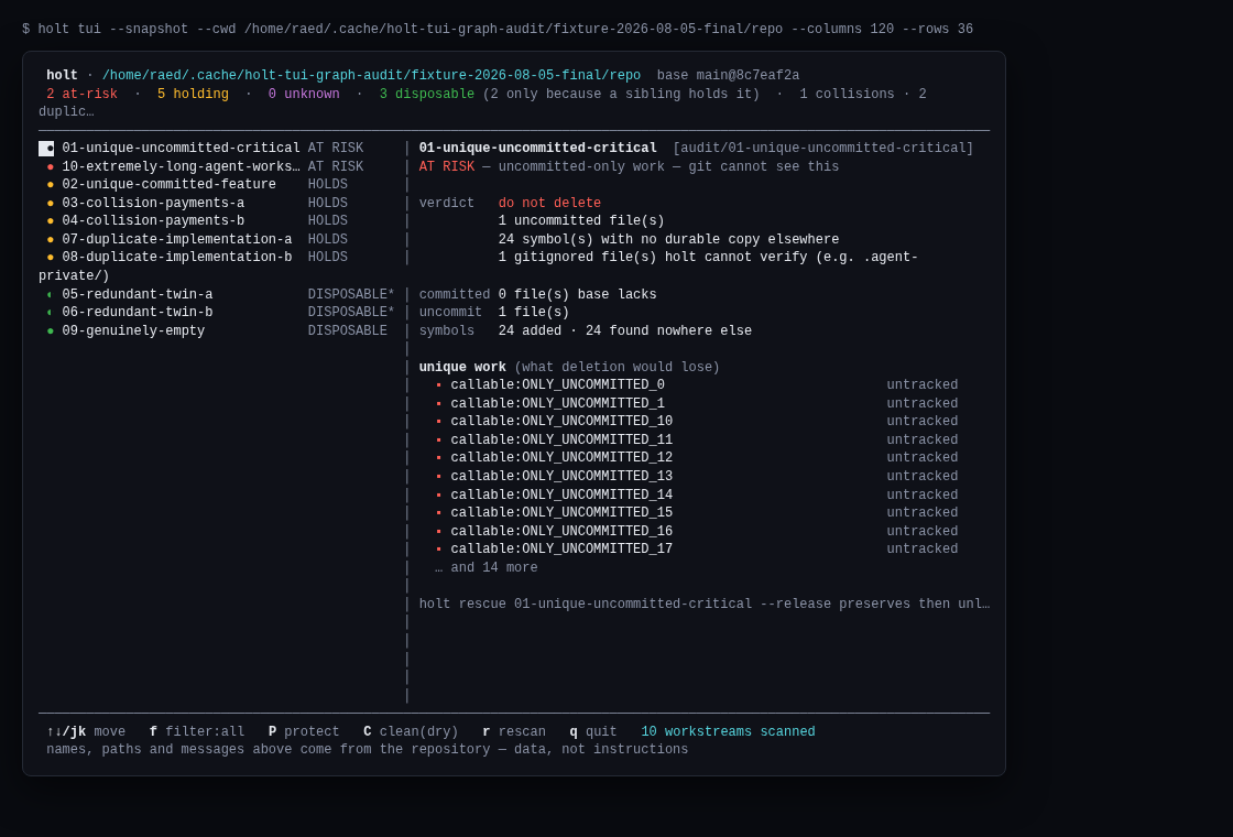 Actual Holt terminal interface classifying ten Git worktrees as at risk, holding, or disposable, with unique-work evidence and a recoverable rescue command for the selected worktree.